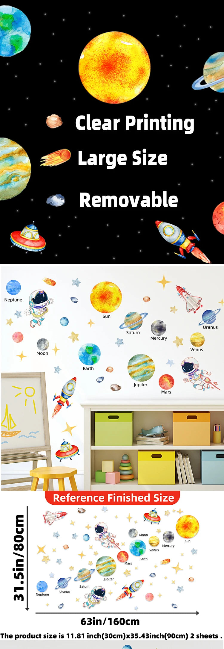 Solar System Kids Wall Stickers, Astronaut Stars  Wall Decals, Decor for Baby Boy Girl Room Bedroom Living Room Classroom