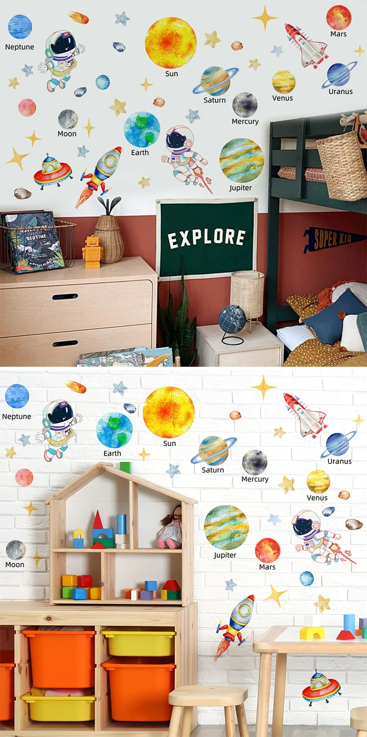 Solar System Kids Wall Stickers, Astronaut Stars  Wall Decals, Decor for Baby Boy Girl Room Bedroom Living Room Classroom