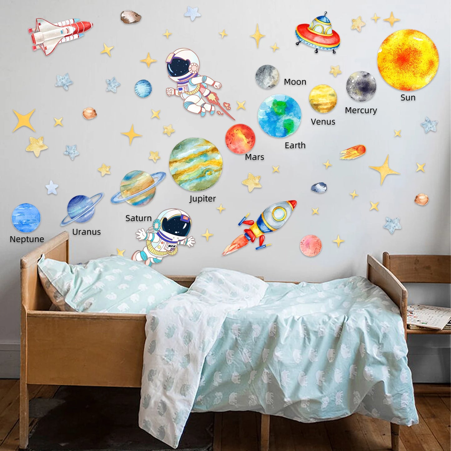 Solar System Kids Wall Stickers, Astronaut Stars  Wall Decals, Decor for Baby Boy Girl Room Bedroom Living Room Classroom