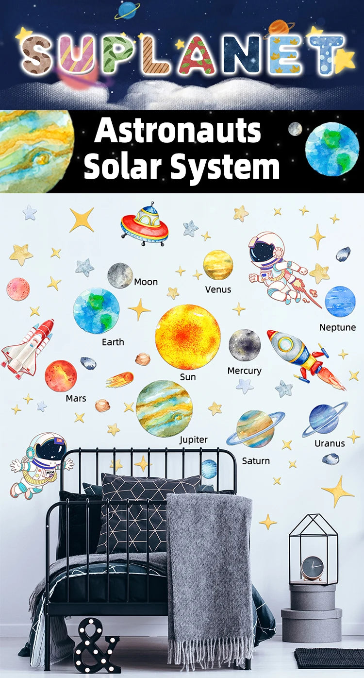 Solar System Kids Wall Stickers, Astronaut Stars  Wall Decals, Decor for Baby Boy Girl Room Bedroom Living Room Classroom