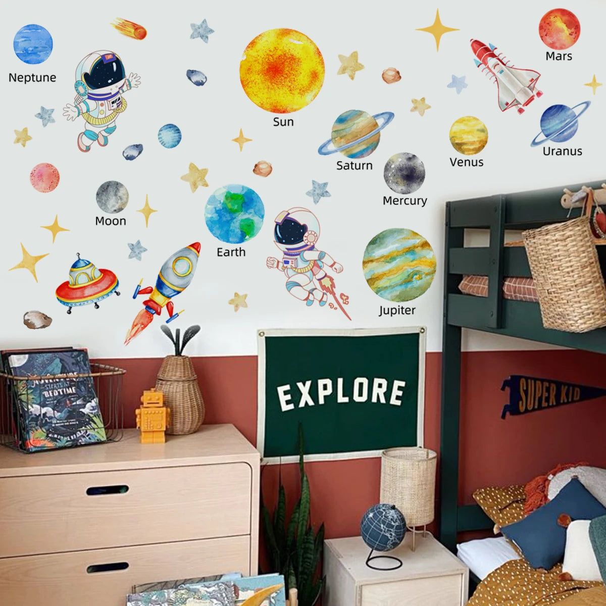 Solar System Kids Wall Stickers, Astronaut Stars  Wall Decals, Decor for Baby Boy Girl Room Bedroom Living Room Classroom