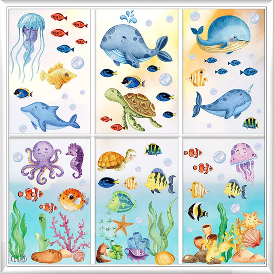 9 Sheets Colorful Ocean Life Wall Sticker Sea Creatures Fish Jellyfish Removable PVC Wall Decor for Kid Baby Bedroom Living Room