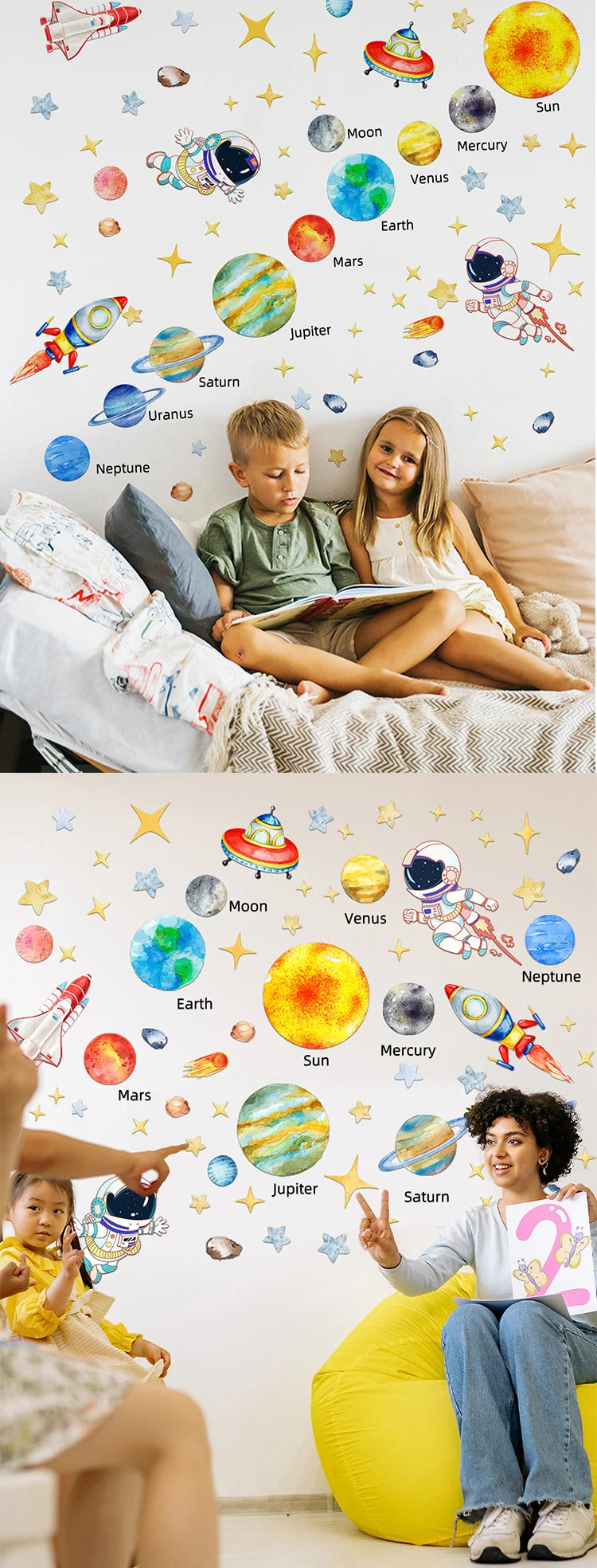 Solar System Kids Wall Stickers, Astronaut Stars  Wall Decals, Decor for Baby Boy Girl Room Bedroom Living Room Classroom