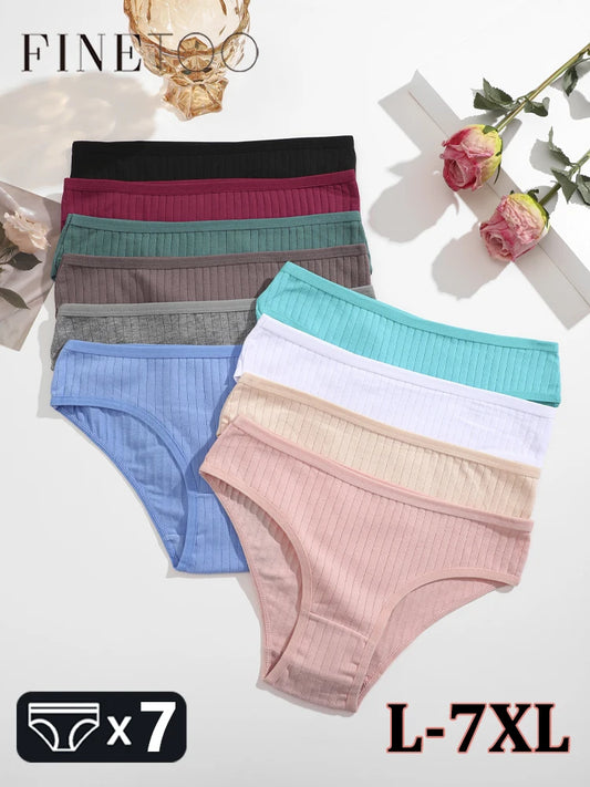 7Pcs/SET Cotton Ribbed Striped Underwear Women's Panties Sexy Solid Color Plus Size Briefs Female Breathable Soft Lingerie L-7XL