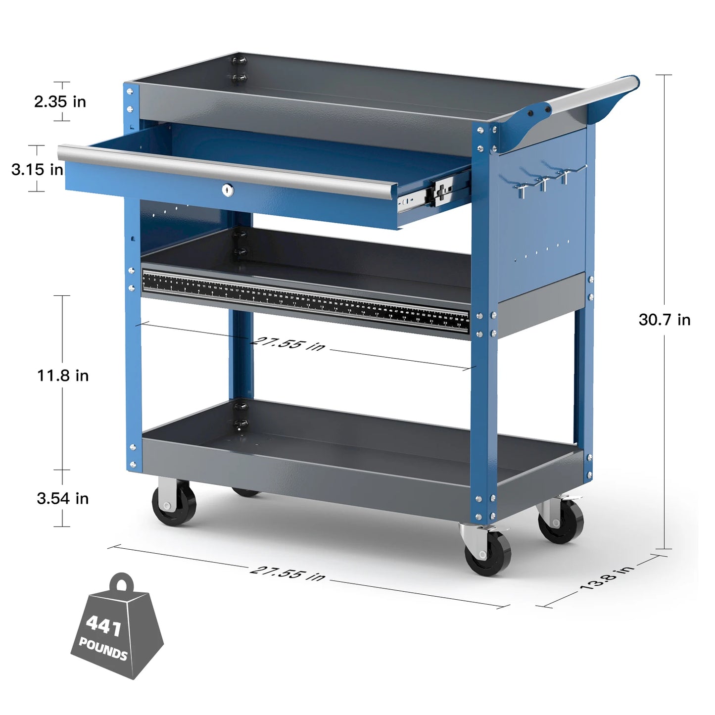 AIRAJ Mechanic Tool Cart, 3 Tier Rolling Tool Cart on Wheels,440 LBS Capacity Tool Storage Cart for Garage,Warehouse,Blue